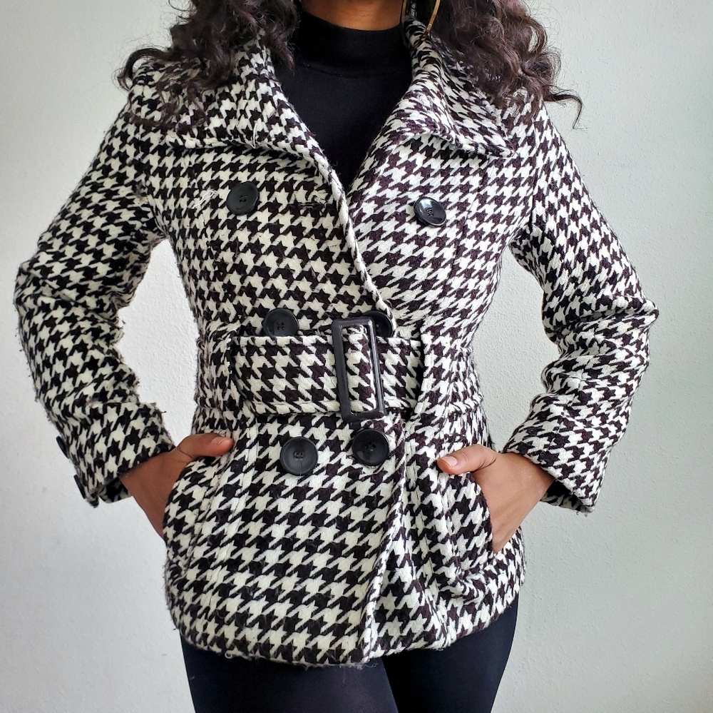 Black and White Houndstooth Pea Coat